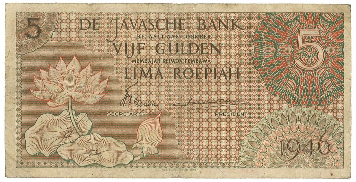 Netherlands-Indies. 5 Gulden. Banknote. Type 1946. - Fine.