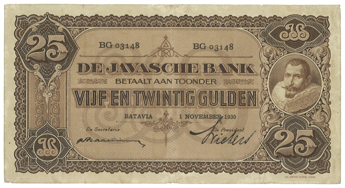 Netherlands-Indies. 25 Gulden. Banknote. Type 1925. - Very fine -.