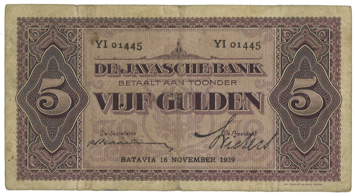 Netherlands-Indies. 5 Gulden. Banknote. Type 1925. - Fine.