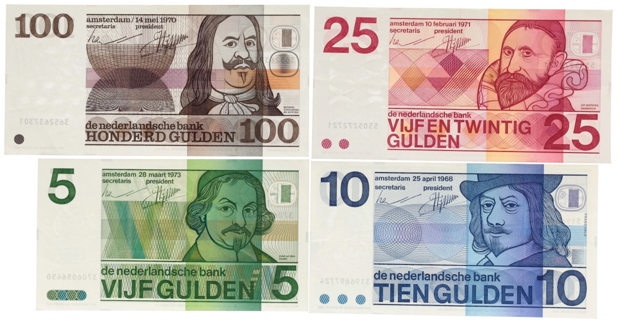 Nederland. 5/10/25/100 Gulden. Bankbiljetten. Type 1968-1973. - Zeer Fraai +.