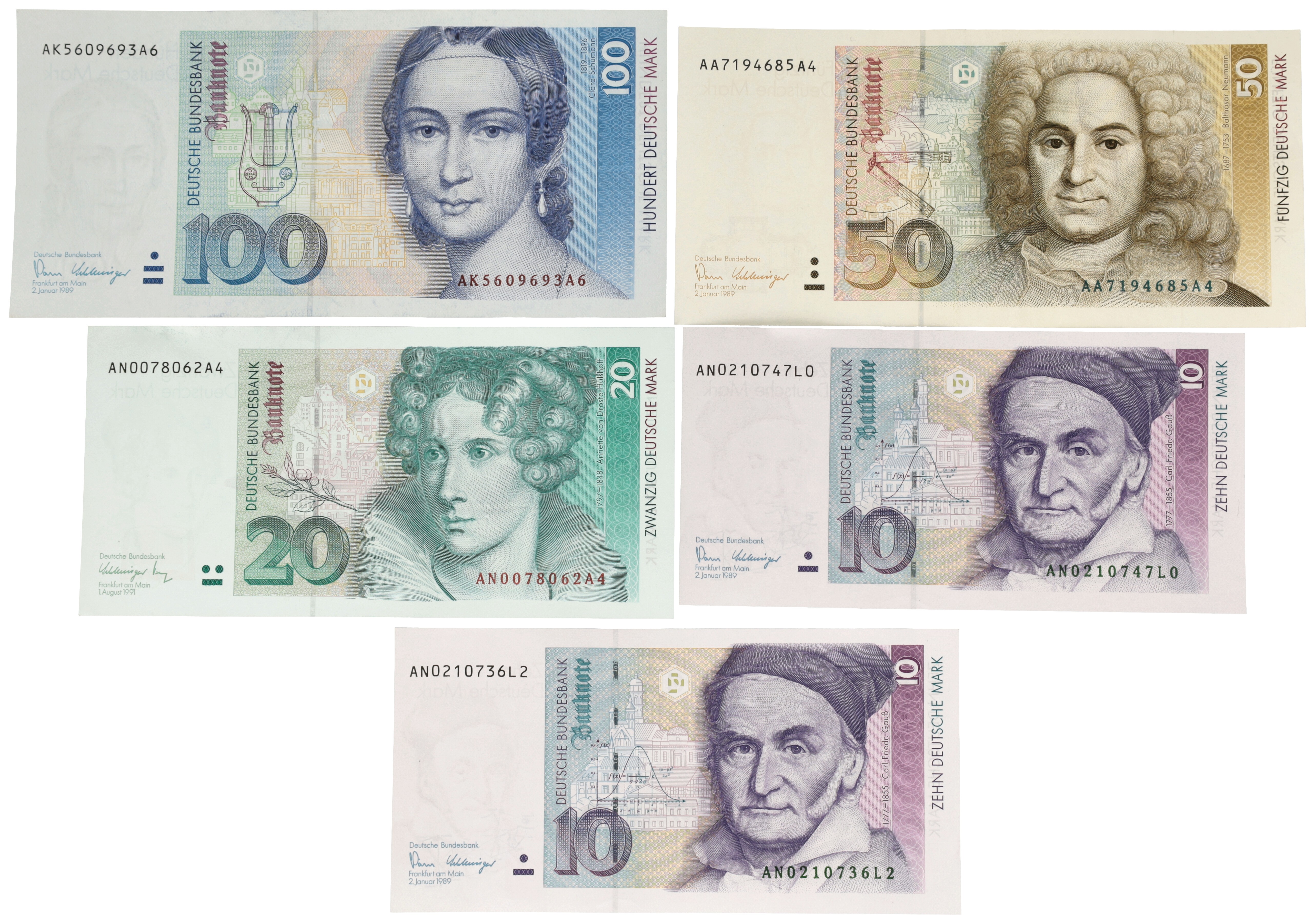 Germany. 10/10/20/50/100 Mark. Banknotes. Type 1989-1991. - Very fine – UNC.