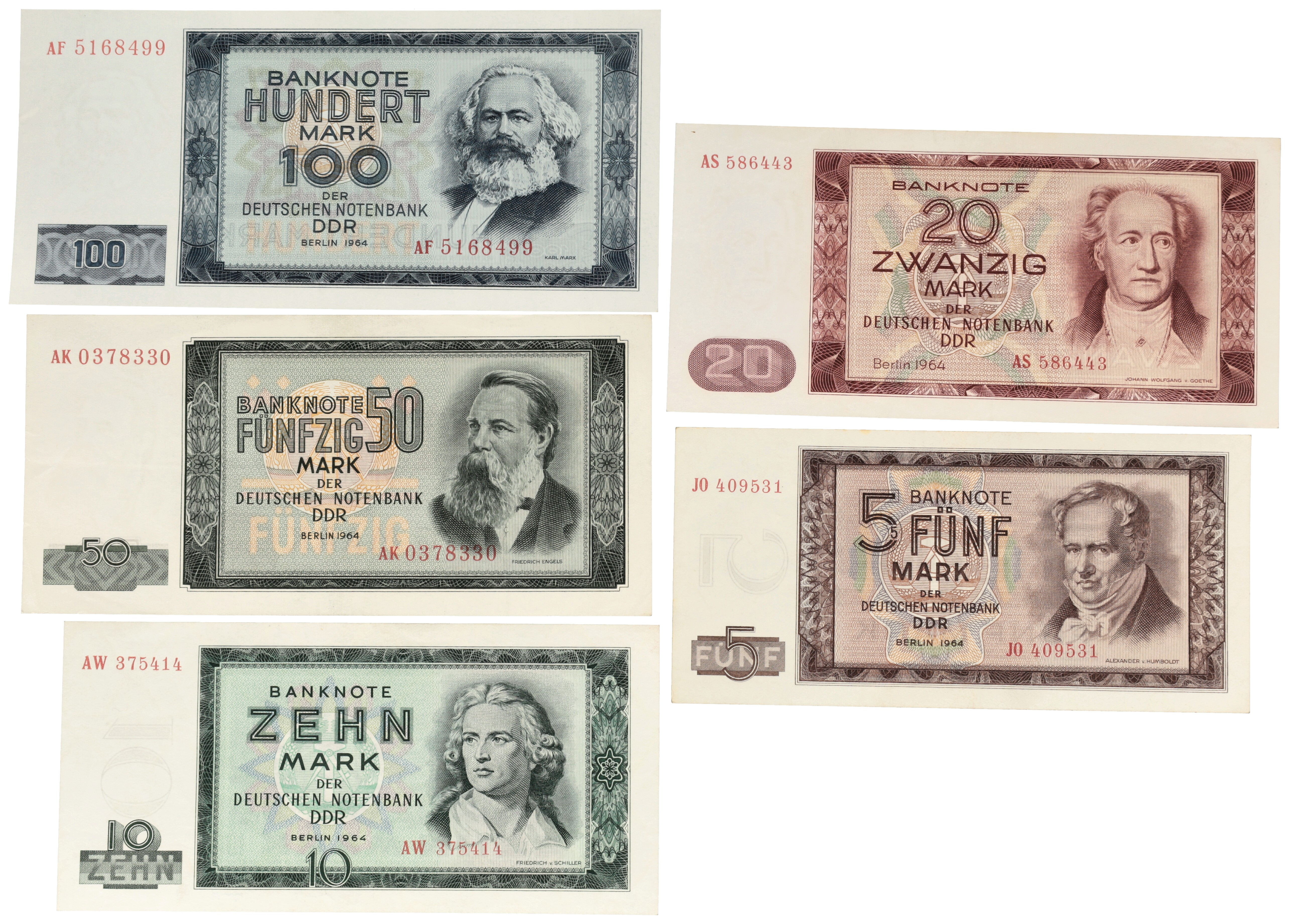 Germany. 5/10/20/50/100 Mark. Banknotes. Type 1964. - Very fine / Extremely fine.