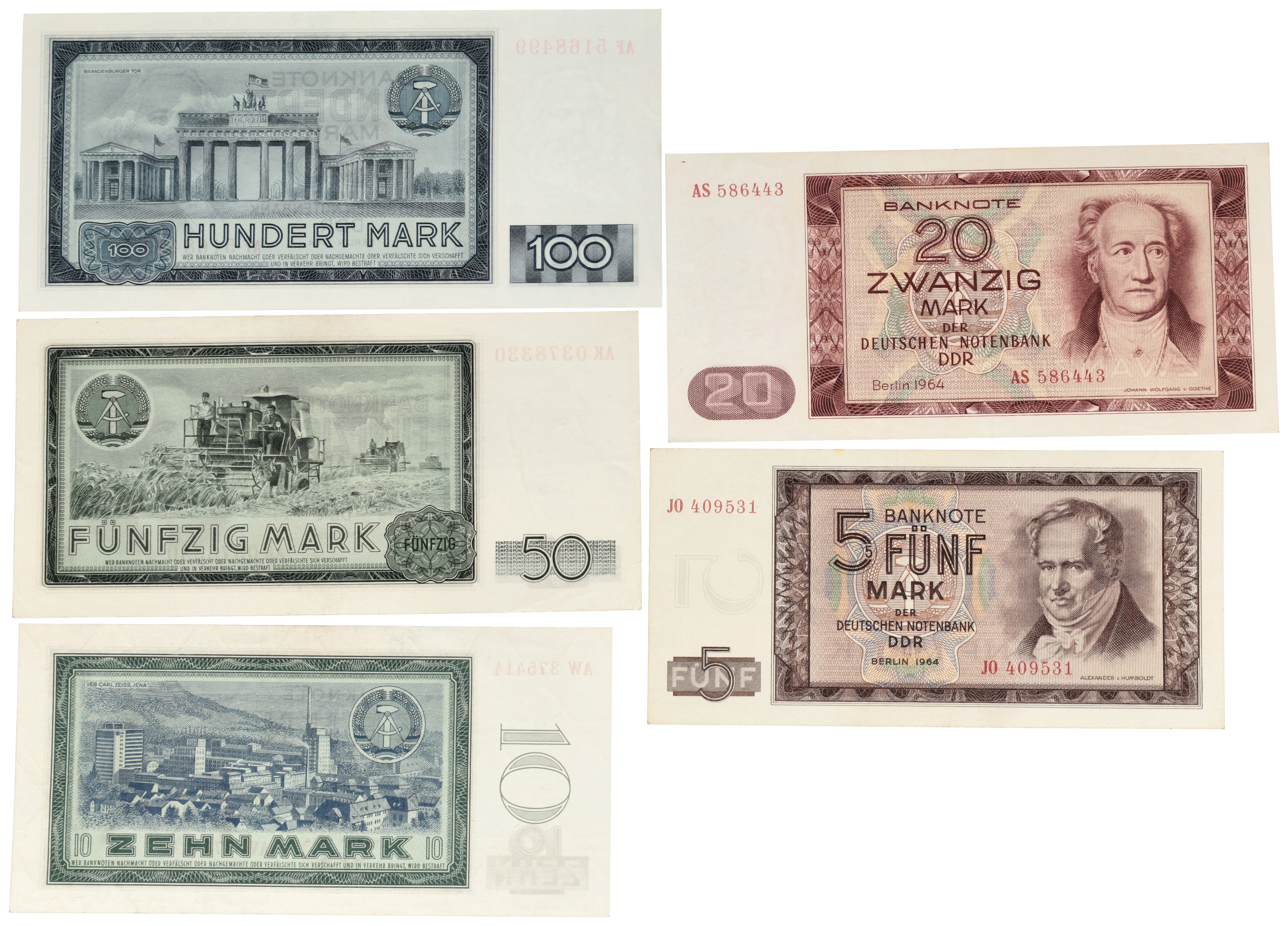 Germany. 5/10/20/50/100 Mark. Banknotes. Type 1964. - Very fine / Extremely fine.