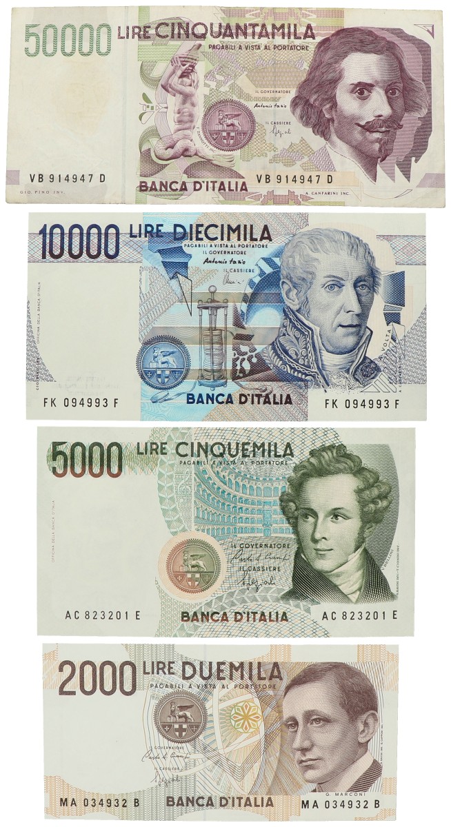 Italy. 2000/5000/10000/50000 Lire. Banknotes. Type 1984-1990. - Fine – UNC.