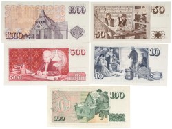 Iceland. 10/50/100/500/1000 Kronur. Banknotes. Type 1961. - Very fine – UNC.