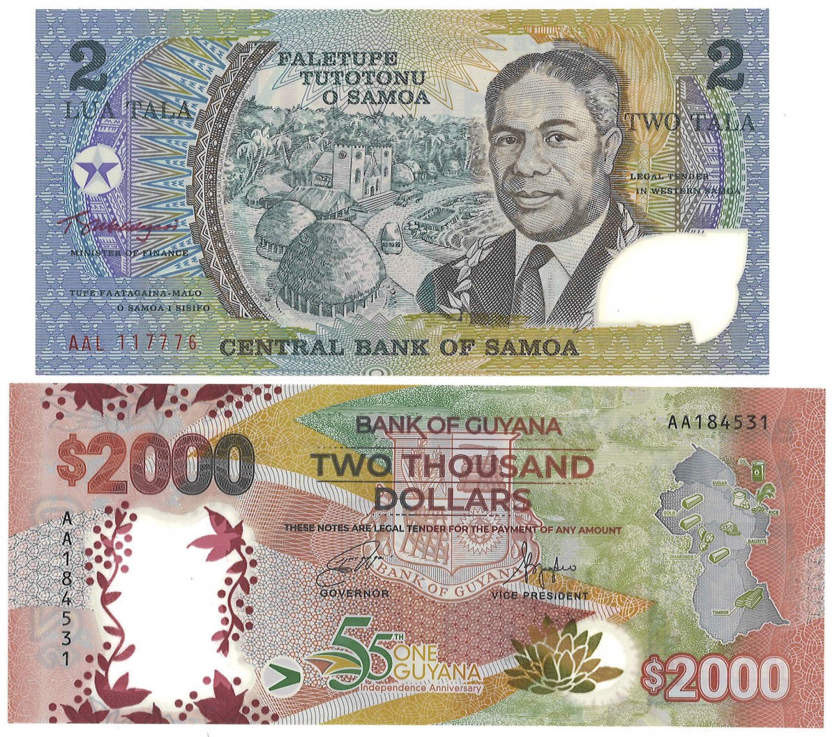 Samoa and Guyana. 2 Tala and 200 Dollars. Banknotes. - UNC.