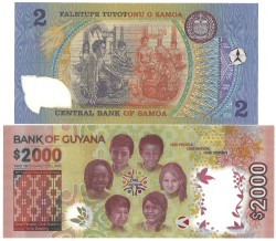 Samoa and Guyana. 2 Tala and 200 Dollars. Banknotes. - UNC.