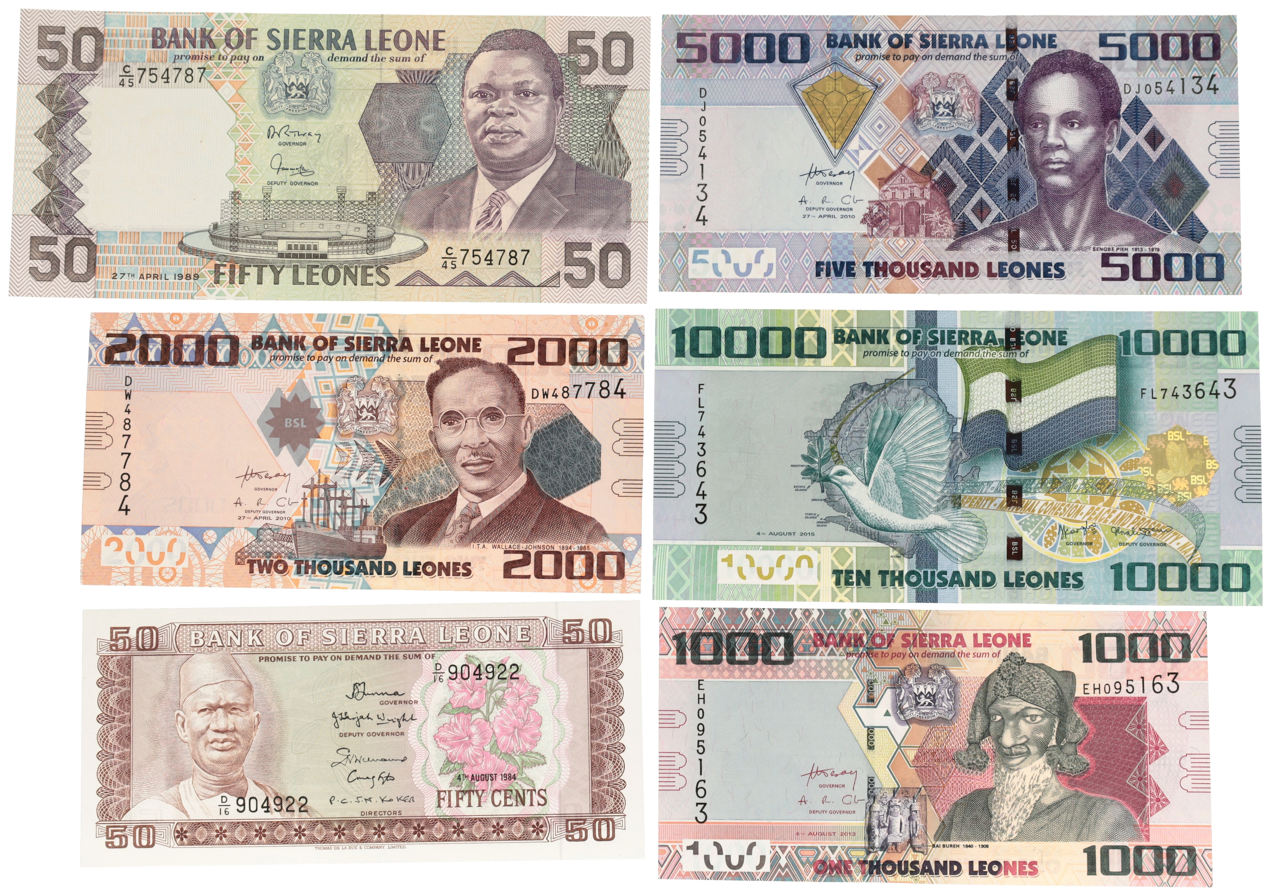 Sierra Leone. 50/50/1000/2000/5000/10000 Leones. Banknotes. Type 1984-2015. - Extremely fine / UNC.