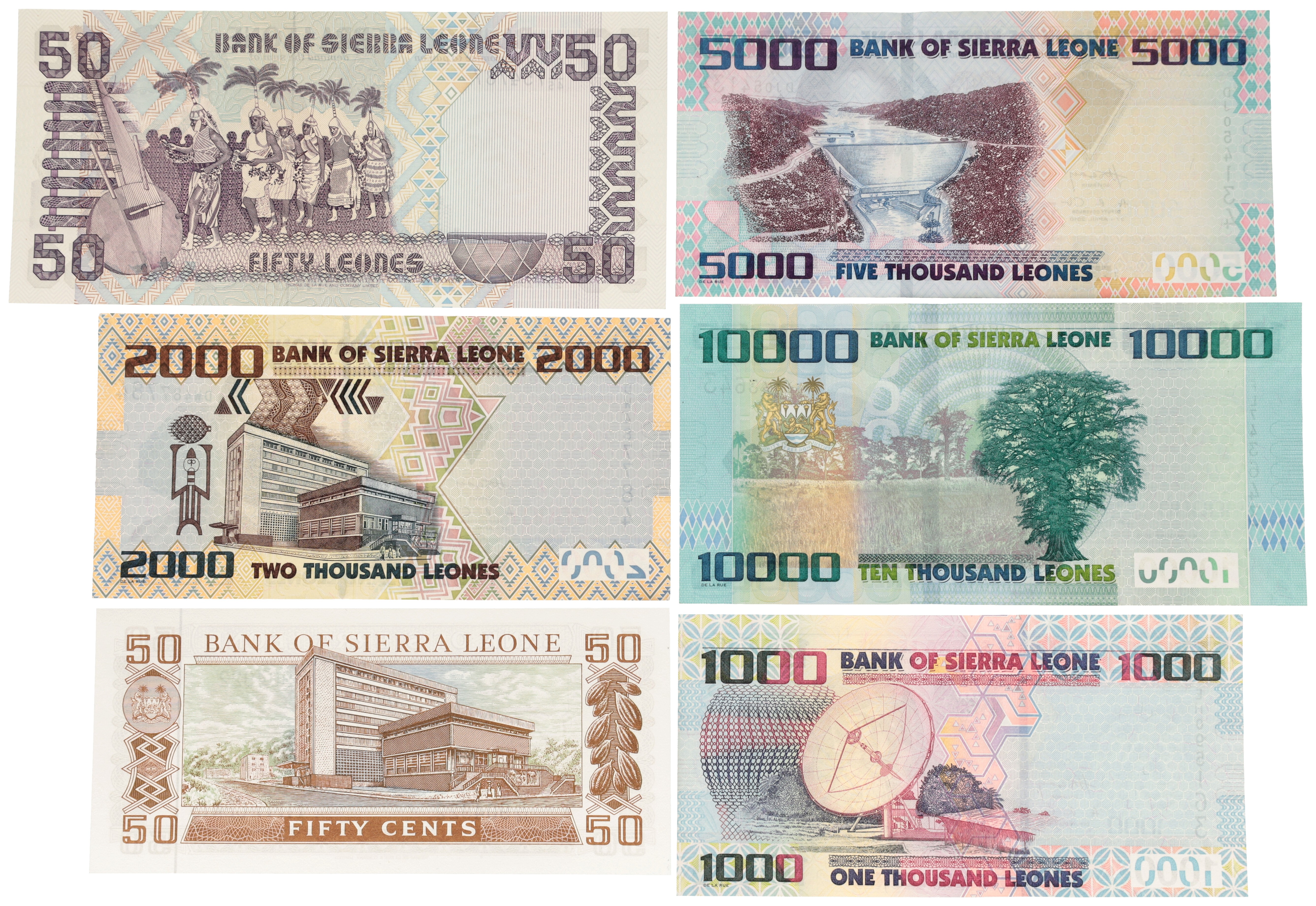 Sierra Leone. 50/50/1000/2000/5000/10000 Leones. Banknotes. Type 1984-2015. - Extremely fine / UNC.