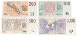Czech Republik. 100/200/500/1000 Korun. Banknotes. Type 1997-2009. - Very fine – UNC.