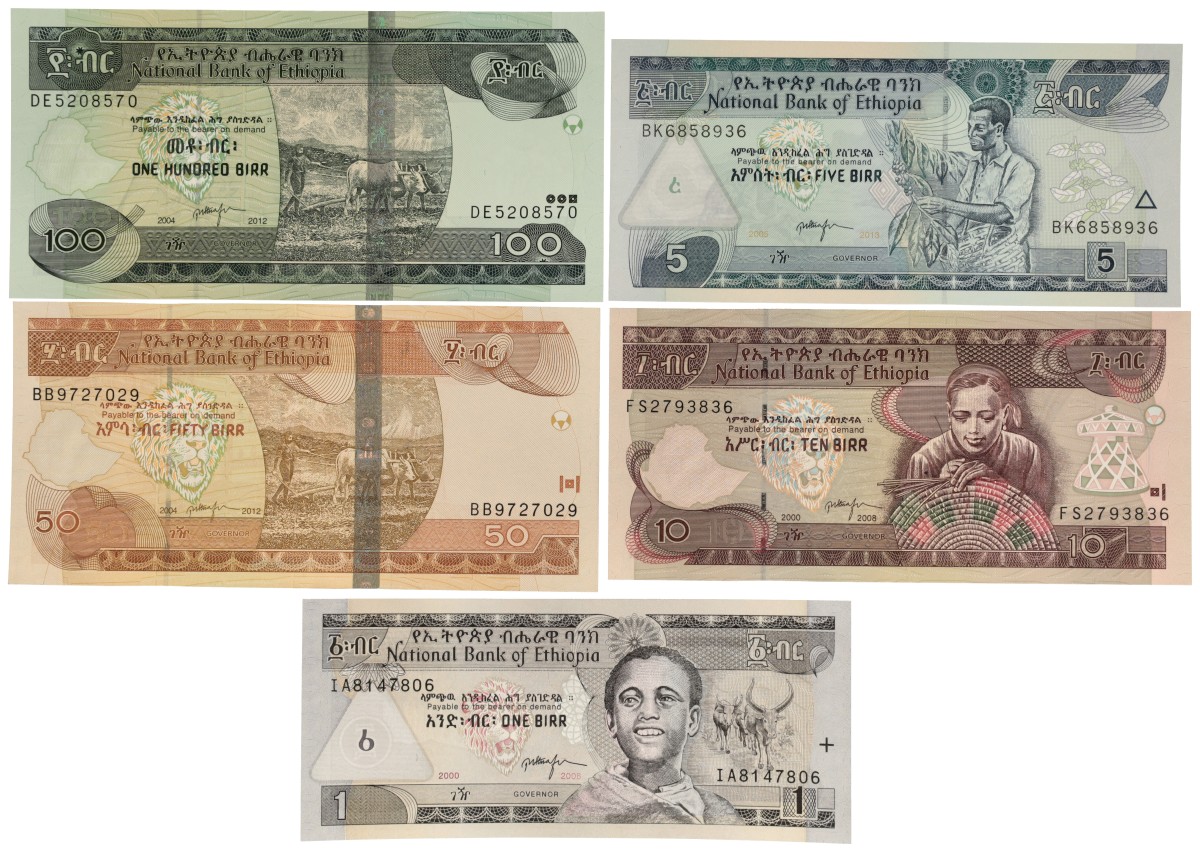 Ethopia. 1/5/10/50/100 Birr. Banknotes. Type 2012. - UNC.