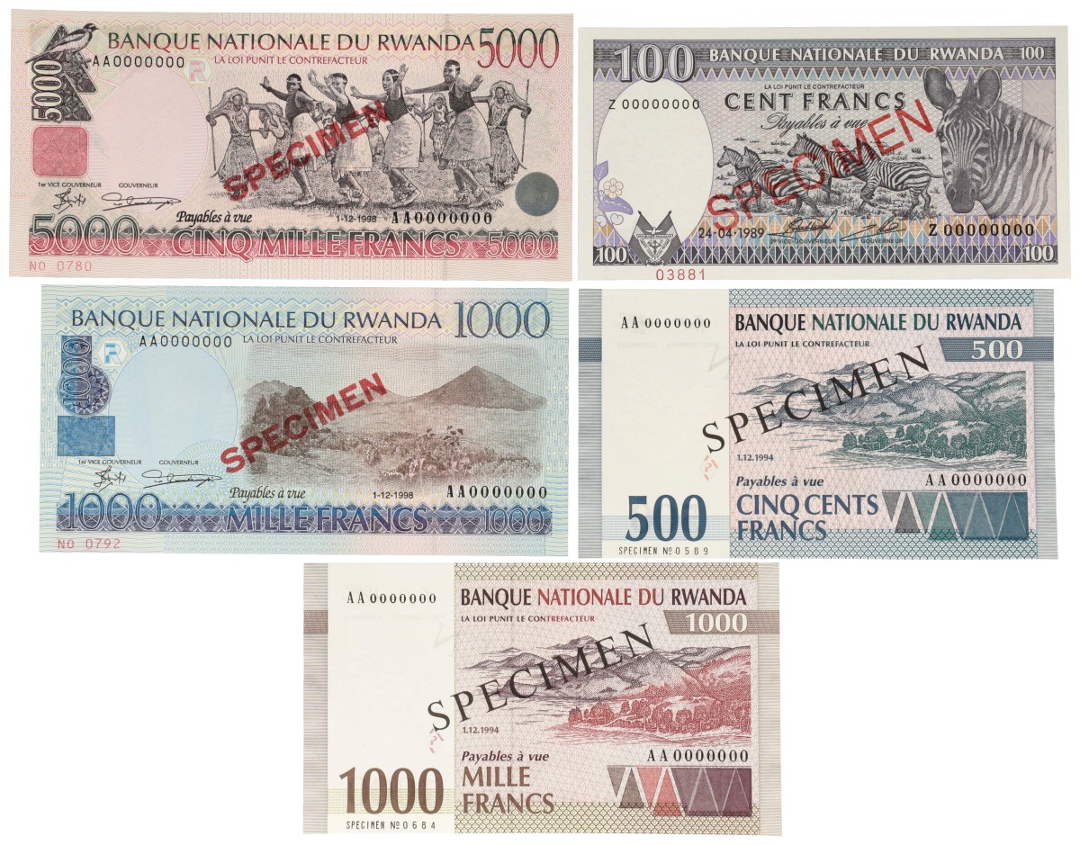 Rwanda. 100/500/1000/1000/5000 Francs. Banknotes. Type 1989-1998. - UNC.