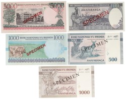 Rwanda. 100/500/1000/1000/5000 Francs. Banknotes. Type 1989-1998. - UNC.