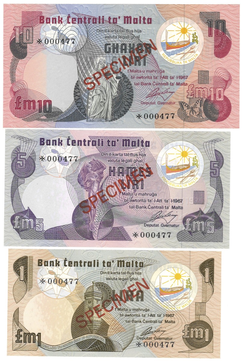 Malta. 1/5/10 Pounds. Banknotes. Type 1967. - UNC.