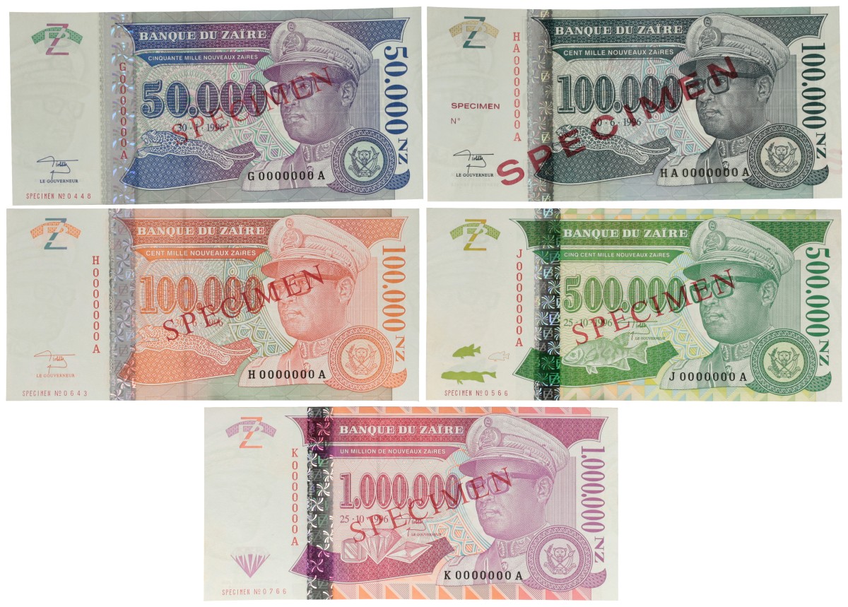 Zaïre. 50000/100000/100000/500000/1000000 Zaïres. Banknotes. Type 1996. - UNC.