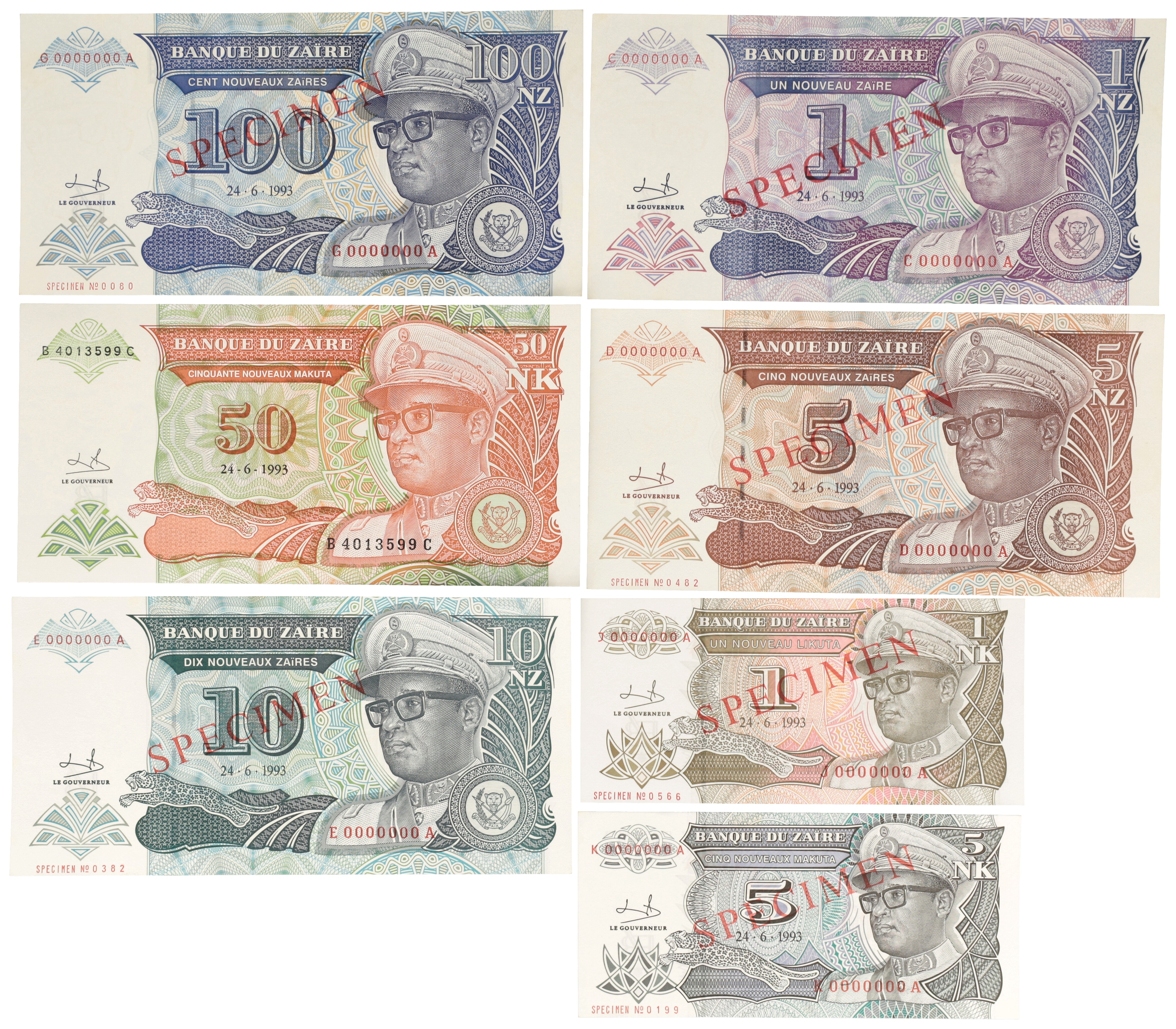 Zaïre. 1/1/5/5/10/50/100 Zaïres. Banknotes. Type 1993. - UNC.