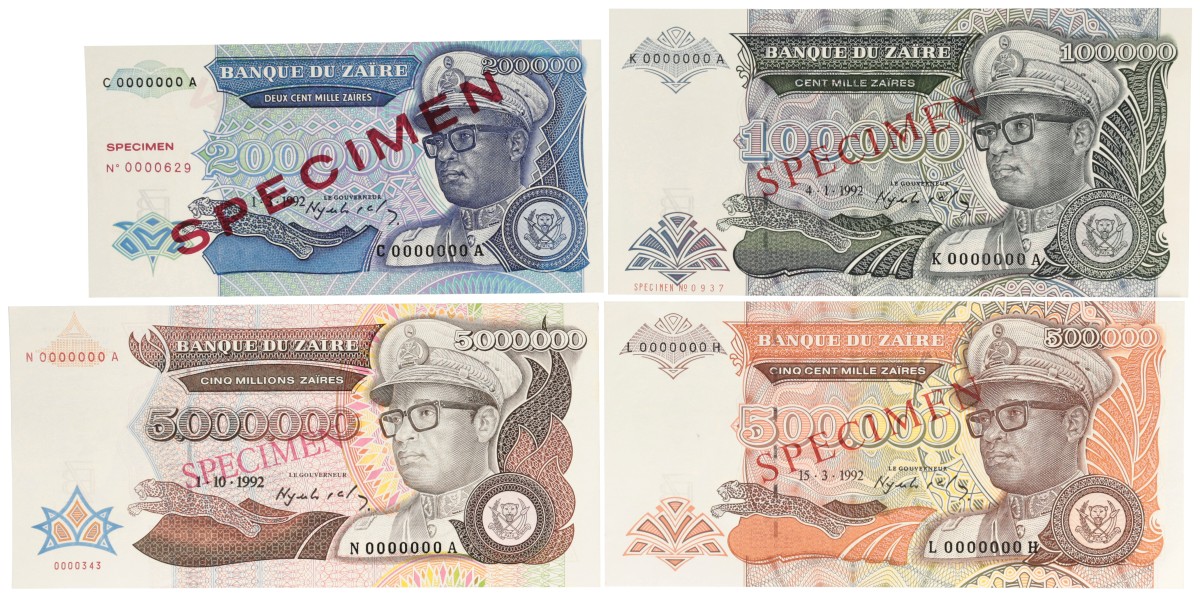 Zaïre. 100000/200000/500000/5000000 Zaïres. Banknotes. Type 1992. - UNC.