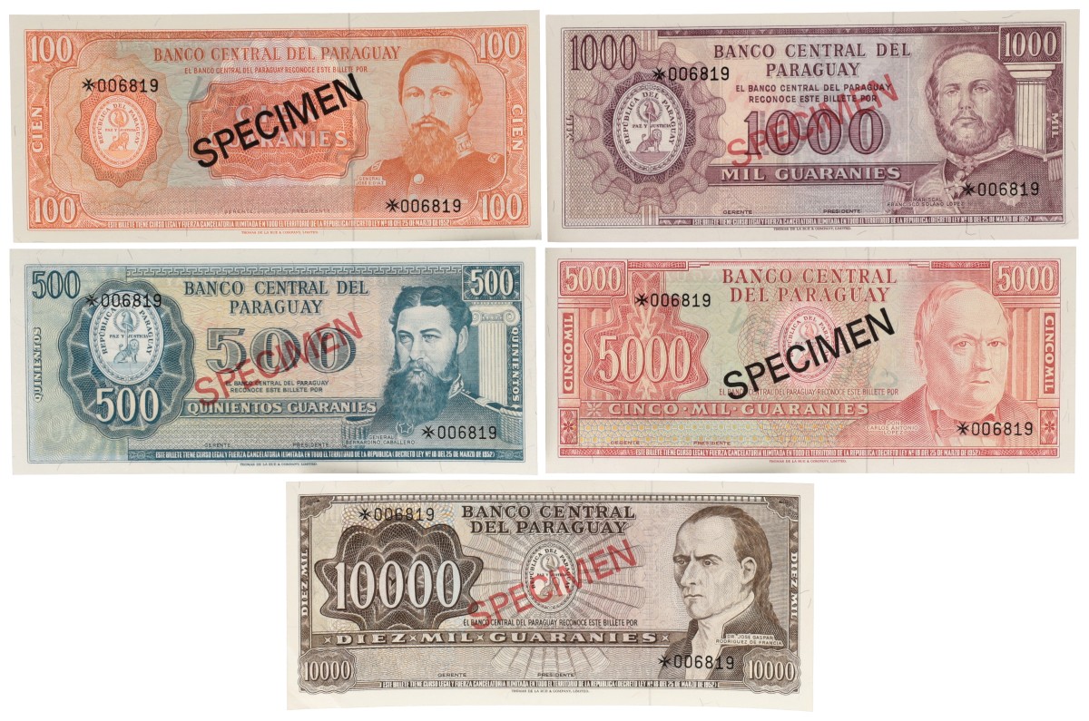 Paraguay. 100/500/1000/5000/10000 Guaranies. Banknotes. Type 1952. - UNC.