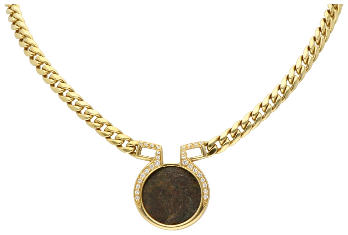 18K Geelgouden collier bezet met antieke Romeinse bronzen munt "Zeugma".