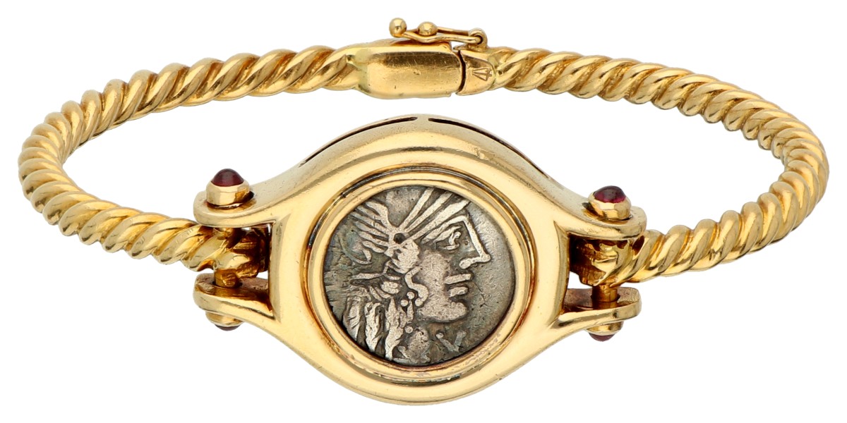 18K Geelgouden bangle met antieke zilveren Romeinse Denarius munt.