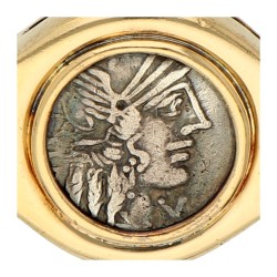 18K Geelgouden bangle met antieke zilveren Romeinse Denarius munt.