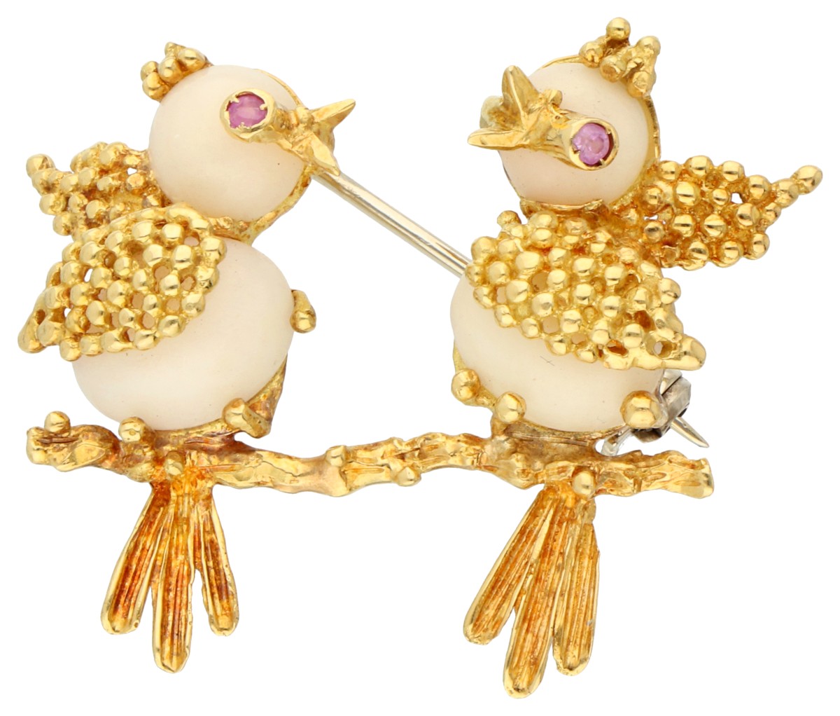 No Reserve - Italiaanse 18K geelgouden broche van twee zingende vogels op een tak.