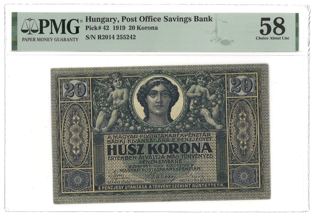 Hungary. 20 Korona. Banknote. Type 1919. - PMG 58.