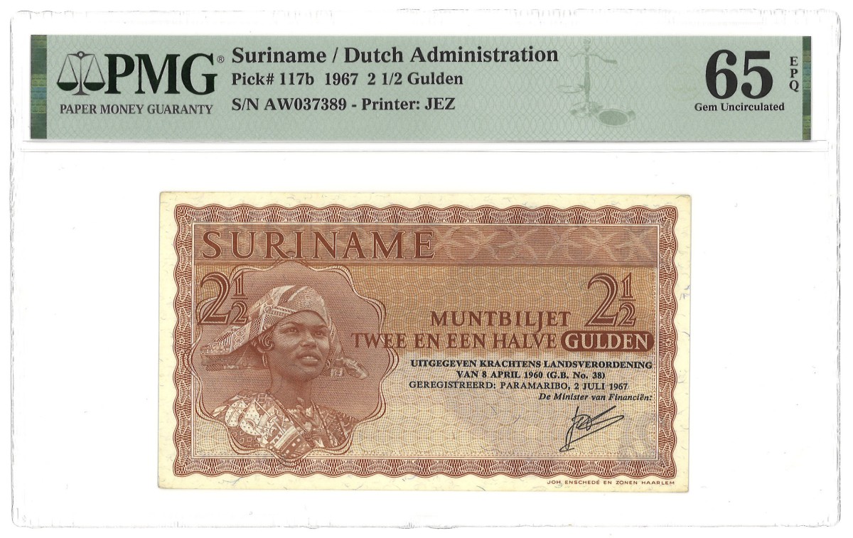 Suriname. 2½ Gulden. Muntbiljet. Type 1967. - PMG 65EPQ.