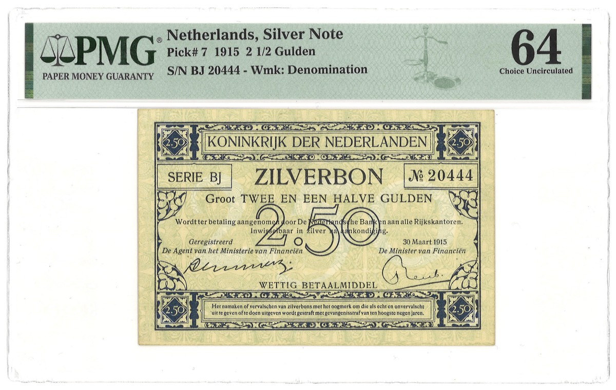 Nederland. 2½ Gulden. Zilverbon. Type 1915. - PMG 64.