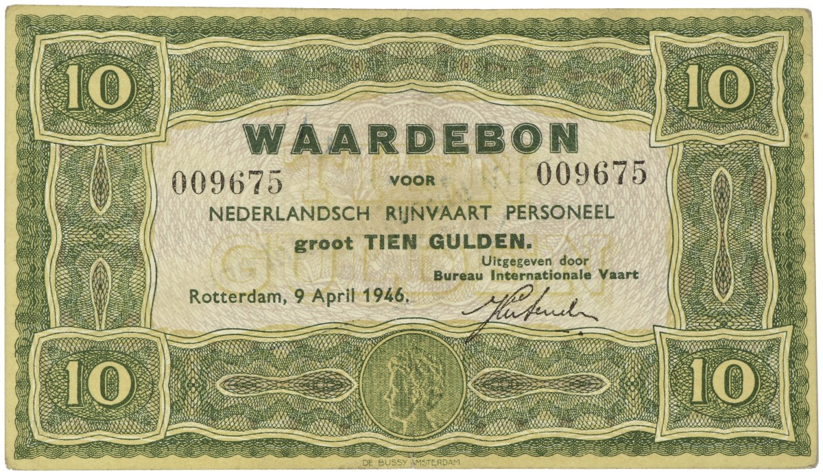 Nederland. 10 Gulden. Waardebon. Type 1946. Type Rijnvaart. - Zeer Fraai.