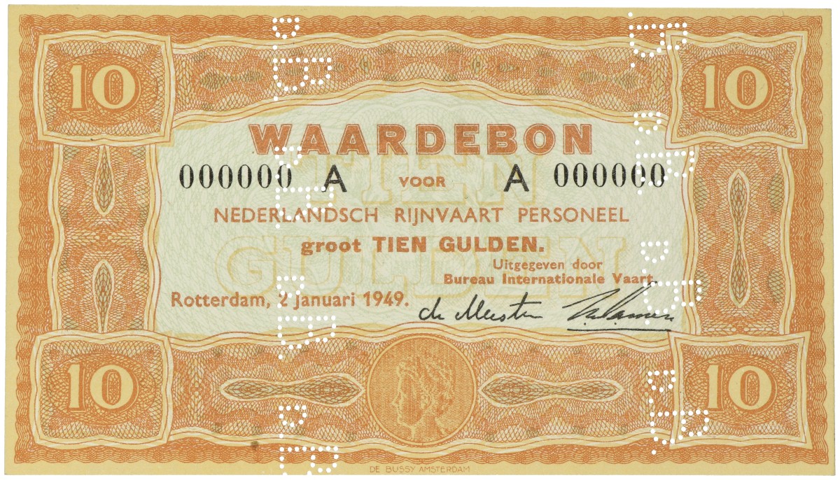 Nederland. 10 Gulden. Waardebon. Type 1949. Type Rijnvaart. - UNC.