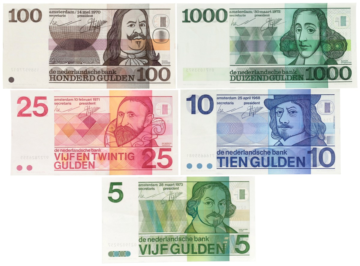 Nederland. 5/10/25/100/1000 Gulden. Bankbiljet. Type 1968/1973. - Zeer Fraai / Prachtig.