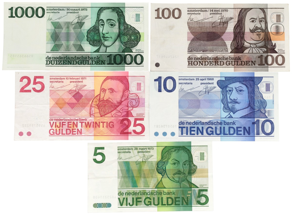 Nederland. 5/10/25/100/1000 Gulden. Bankbiljet. Type 1968/1973. - Zeer Fraai / Prachtig.