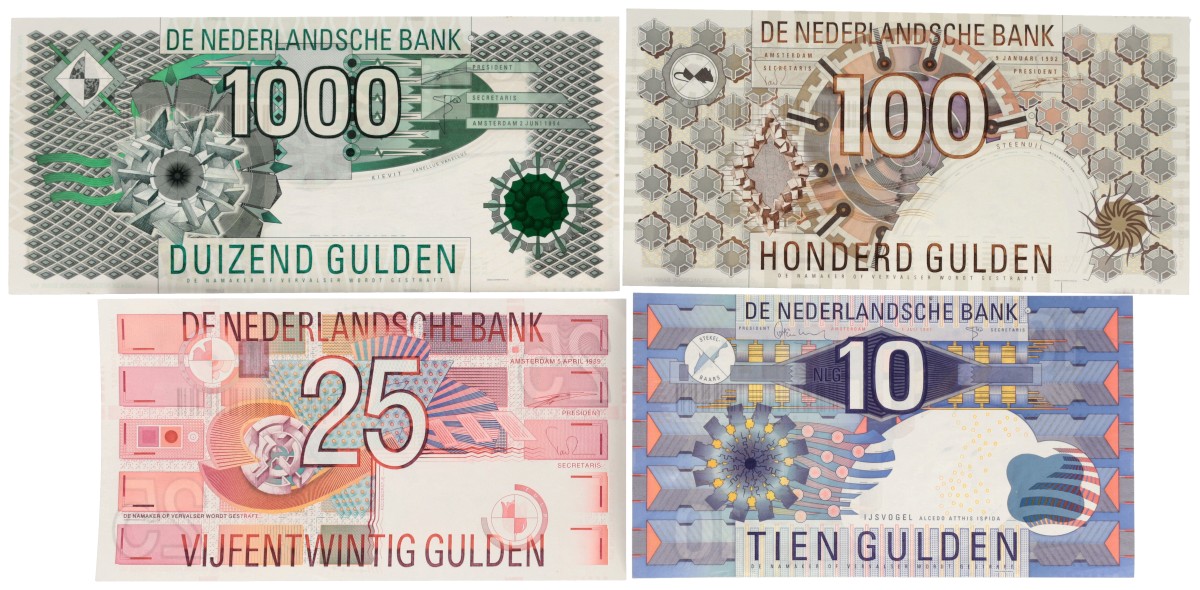 Nederland. 10/25/100/1000 Gulden. Bankbiljet. Type 1989/1997. - Zeer Fraai / Prachtig.