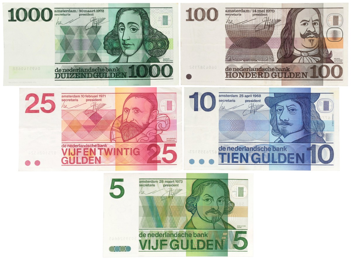 Nederland. 5/10/25/100/1000 Gulden. Bankbiljet. Type 1963/1973. - Zeer Fraai / Prachtig.