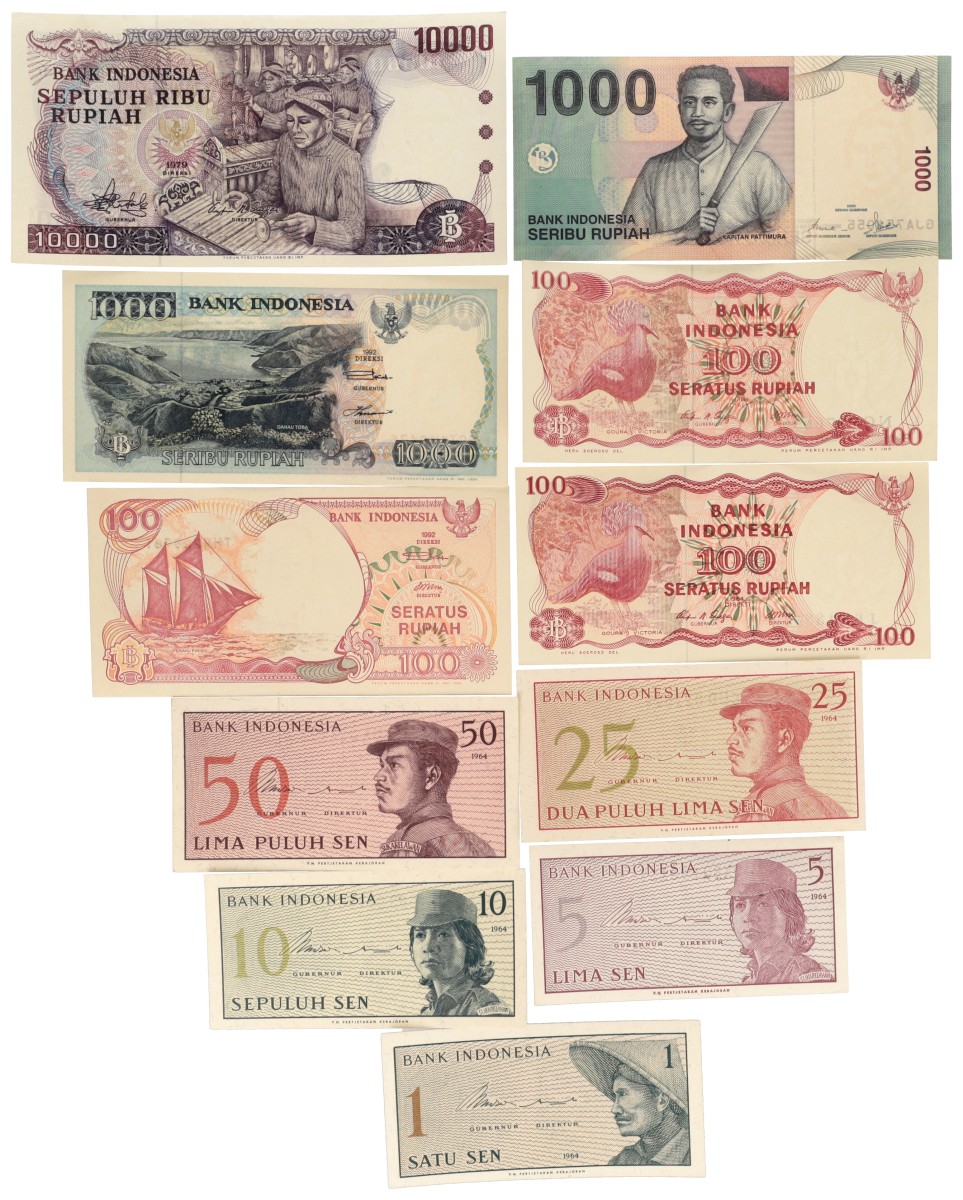 Indonesia. 1/5/10/25/50 Sen + 100/1000/10000 Rupiah. Banknotes. Type 1964/2000. - UNC.