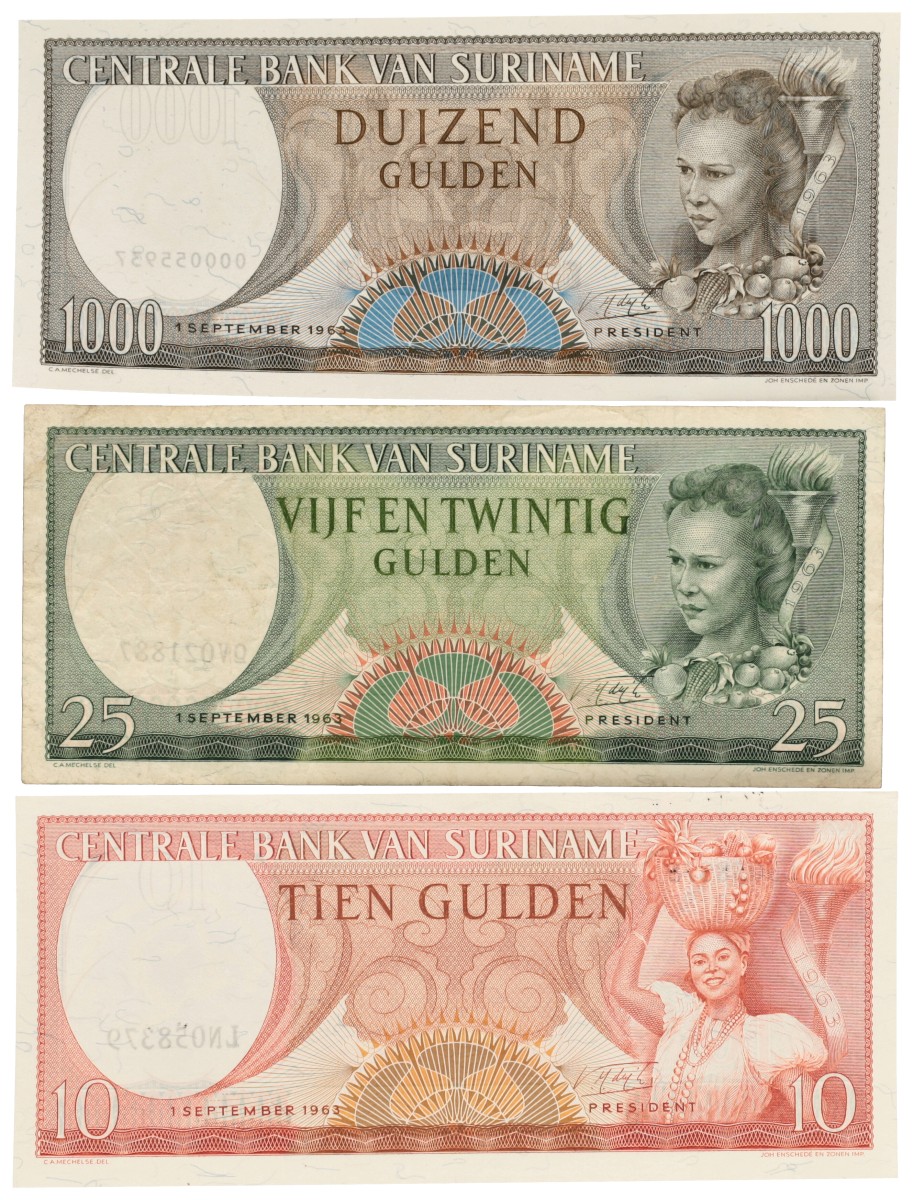 Suriname. 10/25/1000 Gulden. Banknotes. Type 1963. - Fine – UNC.