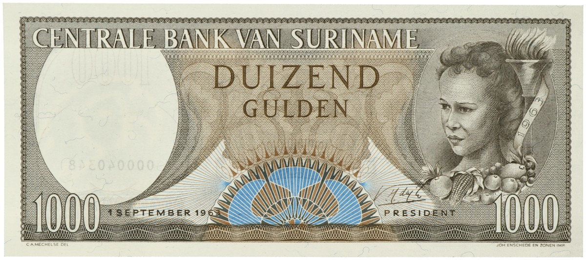 Suriname. 1000 Gulden. Bankbiljet. Type 1963. - UNC.