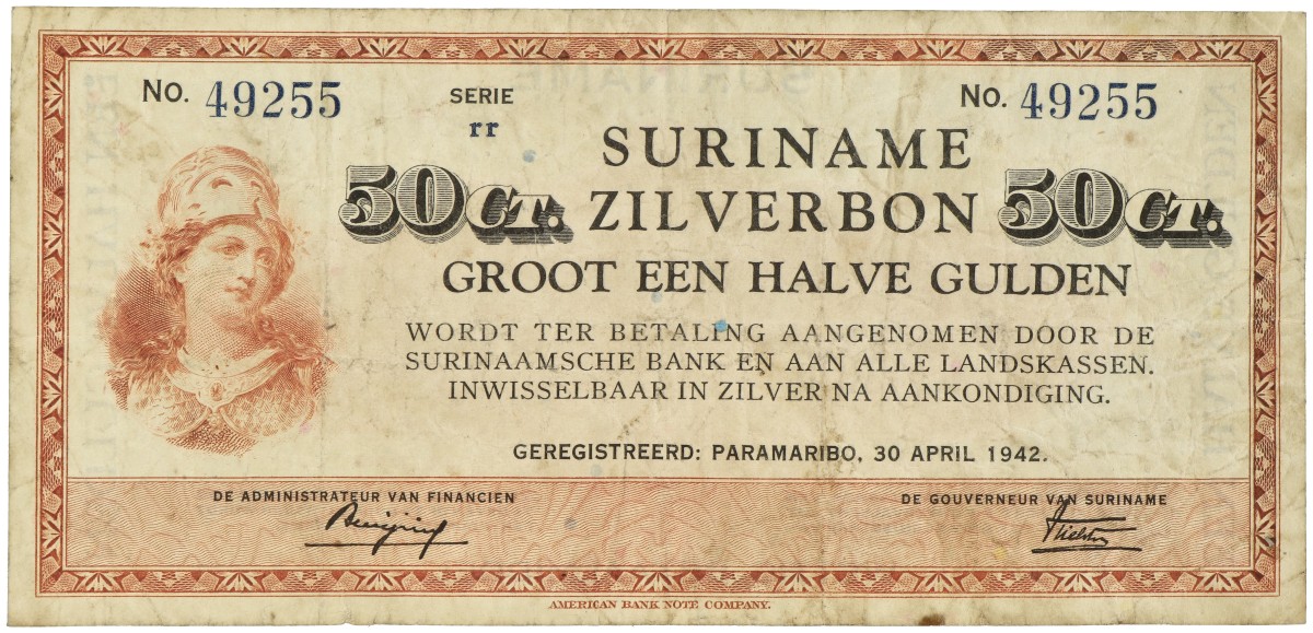 Suriname. ½ Gulden. Zilverbon. Type 1942. - Fine / Very fine.