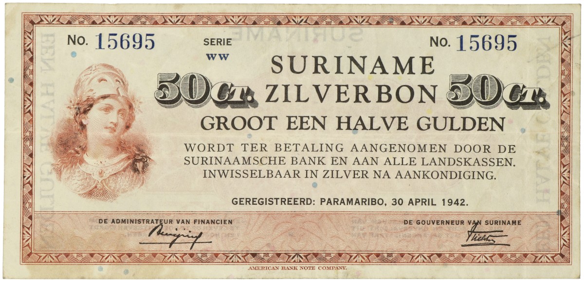 Suriname. ½ Gulden. Zilverbon. Type 1942. - Fine / Very fine.