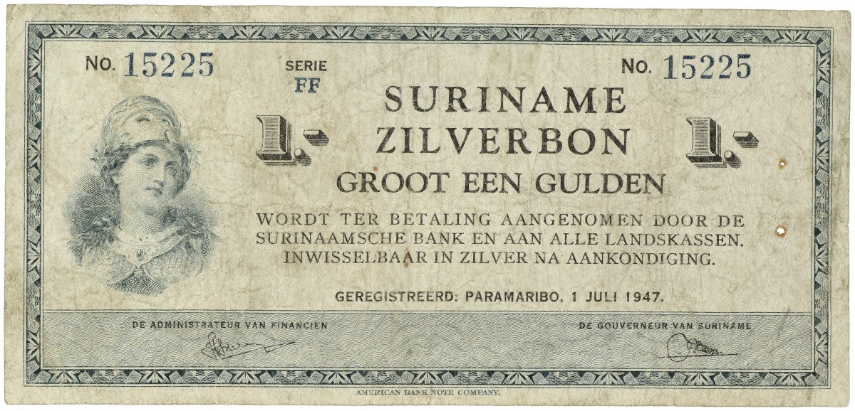 Suriname. 1 Gulden. Zilverbon. Type 1947. - Fine.