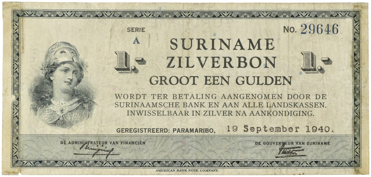 Suriname. 1 Gulden. Zilverbon. Type 1940. - Fine.