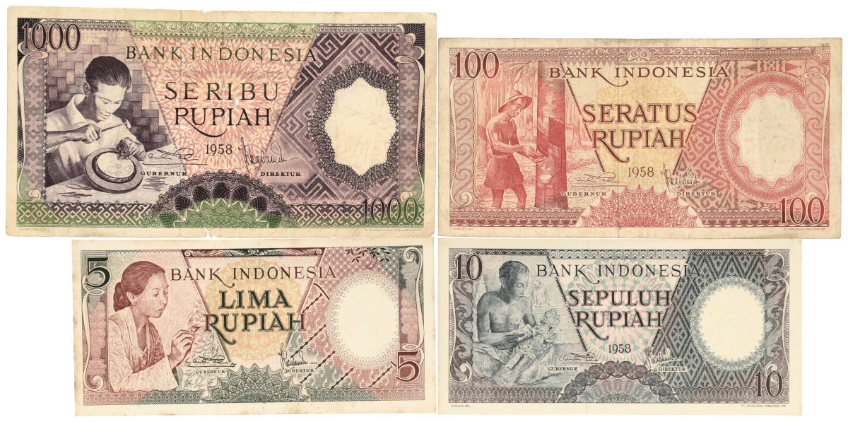 Indonesia. 5/10/100/1000 Rupiah. Banknotes. Type 1958. - Very good – UNC.