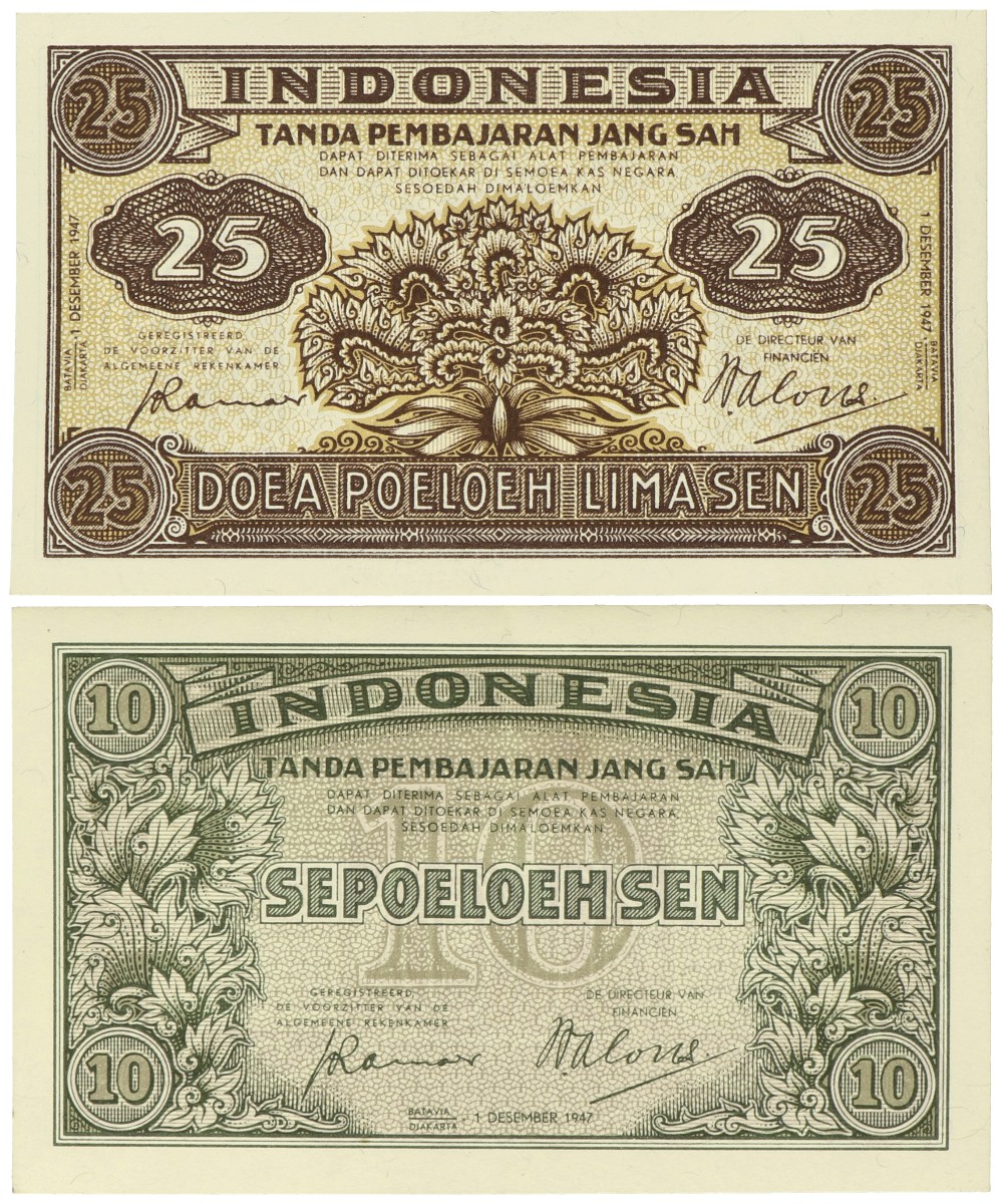 Indonesia. 10/25 sen. Banknote. Type 1947. - About UNC.