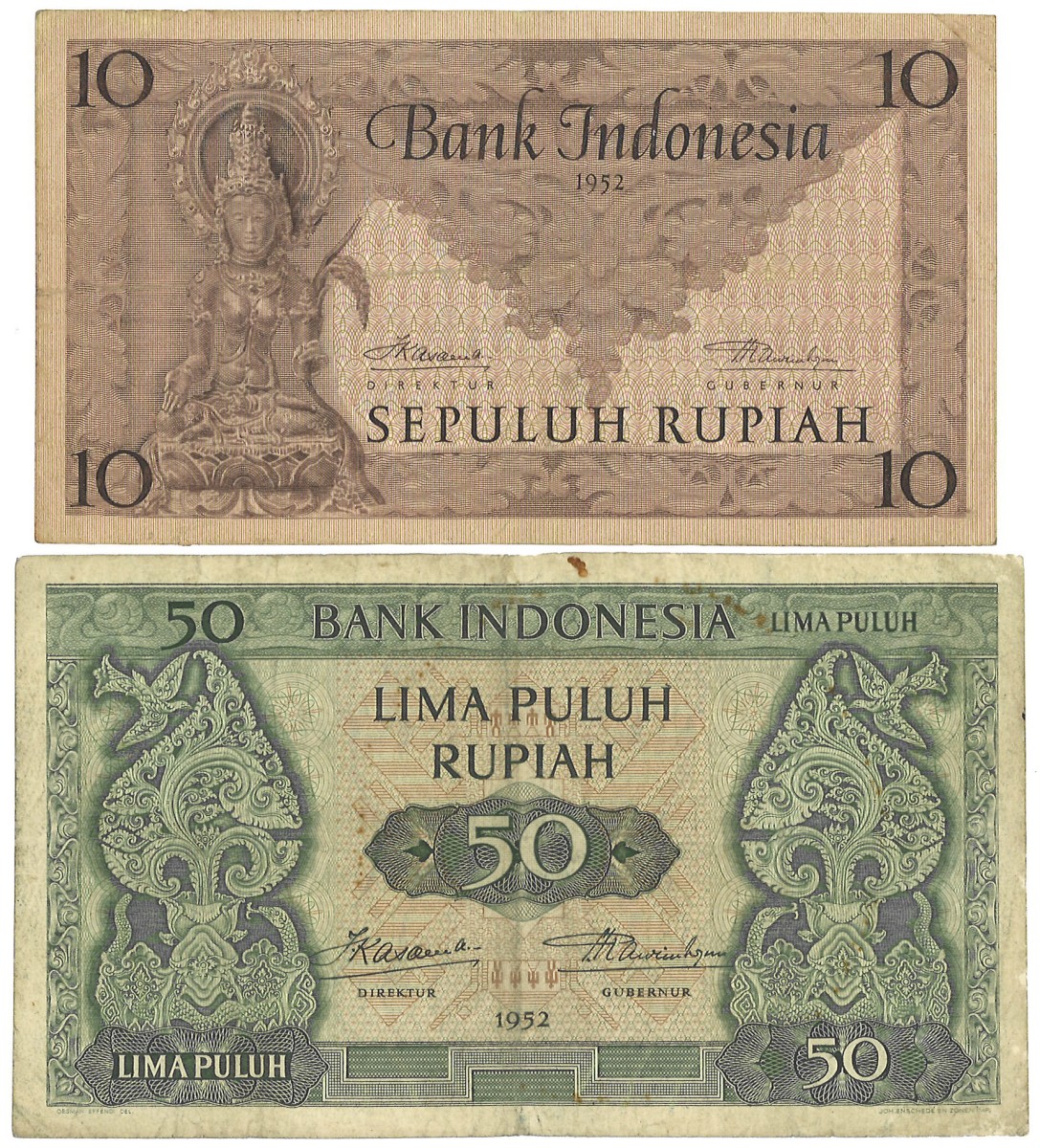 Indonesia. 10/50 Rupiah. Banknotes. Type 1952. - Very fine.