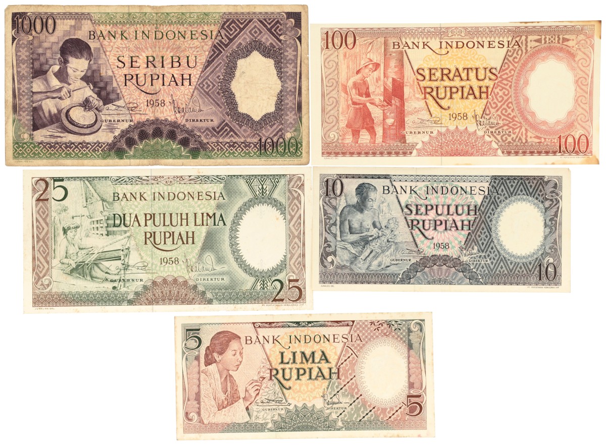 Indonesia. 5/10/25/100/1000 Rupiah. Banknotes. Type 1958. - Fine – UNC.