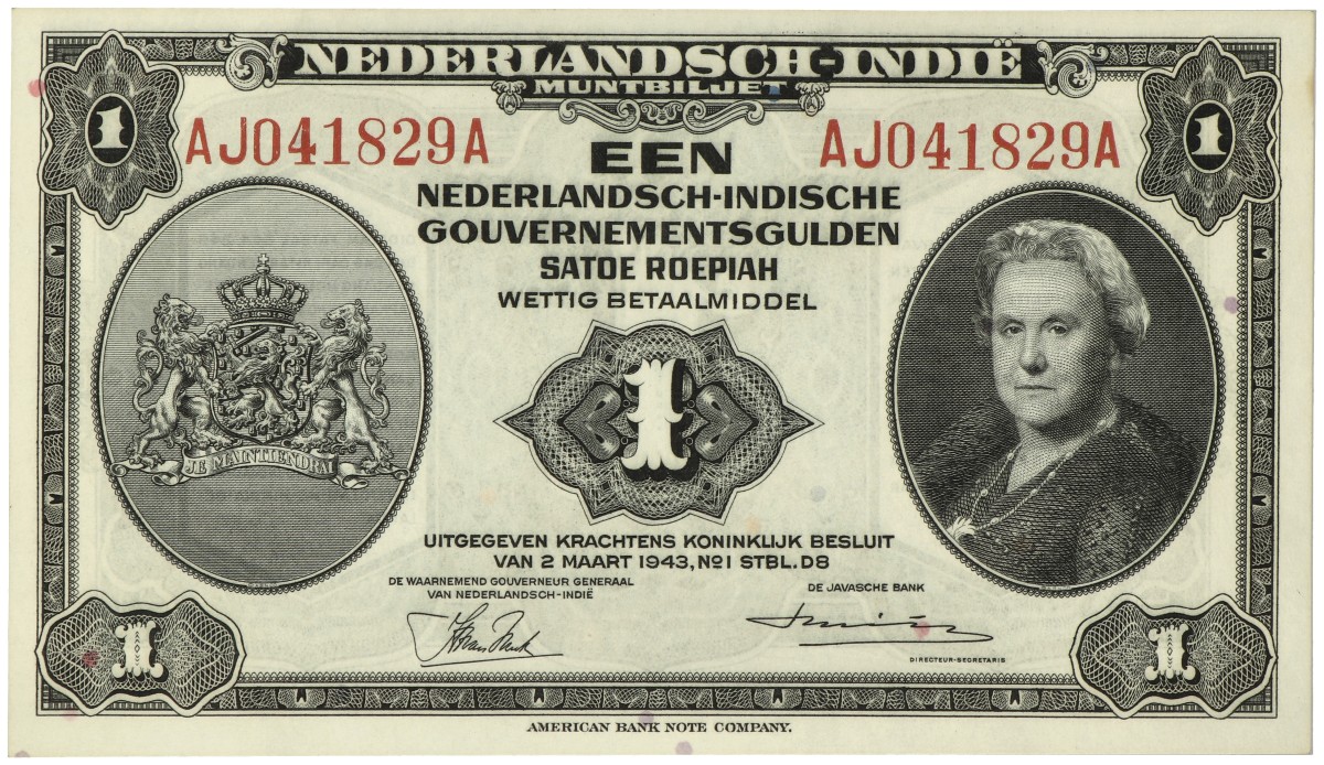 Netherlands-Indies. 1 Gulden. Muntbiljet. Type 1943. - UNC.