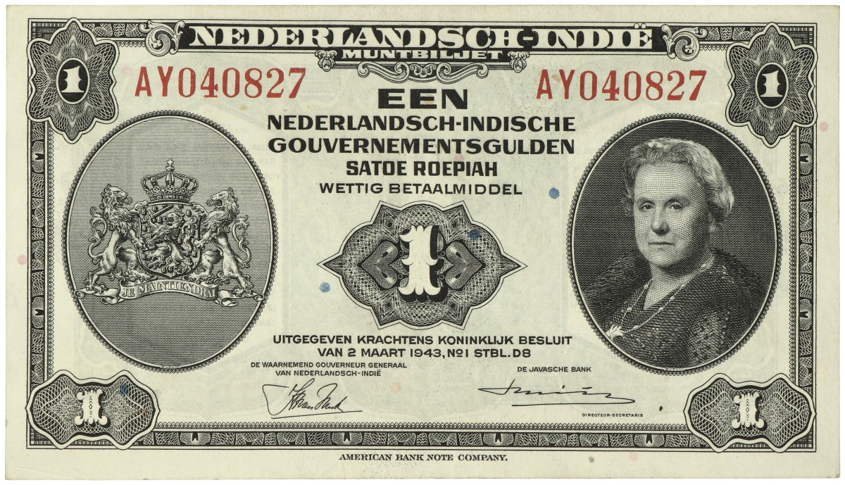 Netherlands-Indies. 1 Gulden. Muntbiljet. Type 1943. - Very fine +.