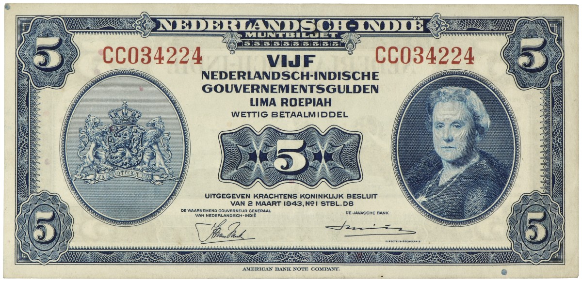 Netherlands-Indies. 5 Gulden. Muntbiljet. Type 1943. - Very fine +.