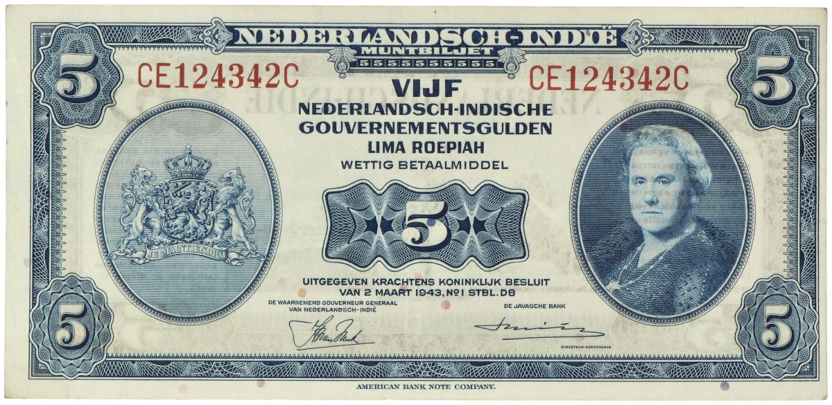 Netherlands-Indies. 5 Gulden. Muntbiljet. Type 1943. - Very fine +.